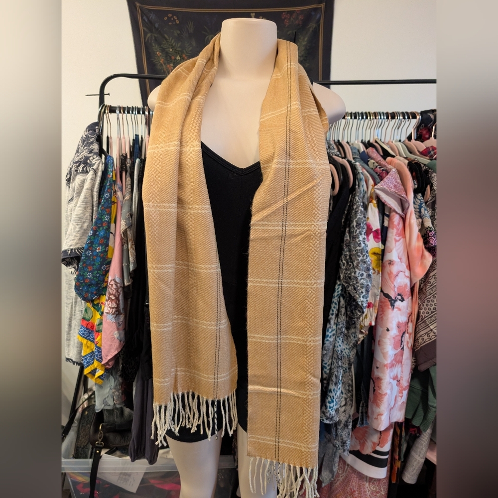 cashmere Woven Plaid‎ Scarf with Fringe, Neutral Color Palette, Soft Texture